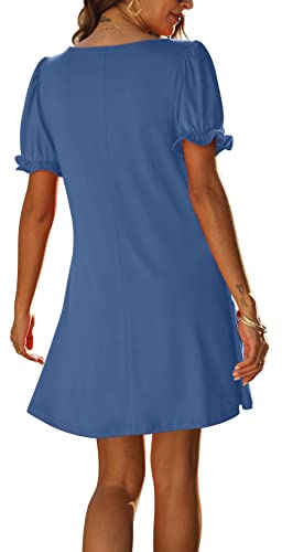 Aloodor Spring Dresses for Women Puff Short Sleeve Flowy Dress Dutch Blue XL - Image 3