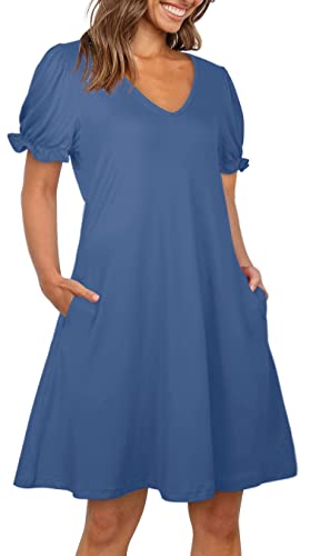 Aloodor Spring Dresses for Women Puff Short Sleeve Flowy Dress Dutch Blue XL - Image 2