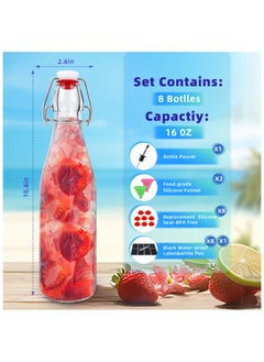SKYLINK 8Pack 16oz Glass Bottles with Flip-Top Lids – Leakproof Reusable Storage Bottles for Juice, Water, Oil, Smoothies – Includes Funnels, Labels & Extra Seals  - Image 2