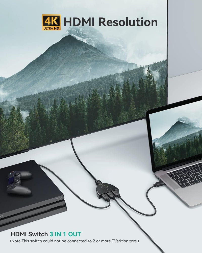 جانا مفتاح HDMI، محول HDMI، مقسم HDMI 4K، مفتاح HDMI عالي الدقة 3 مداخل وخرج واحد مع 4K/1080P/3D لأجهزة Xbox / PS3 / PS4 / Apple TV / Fire TV / مشغل أقراص Blu-Ray DVD - Image 4