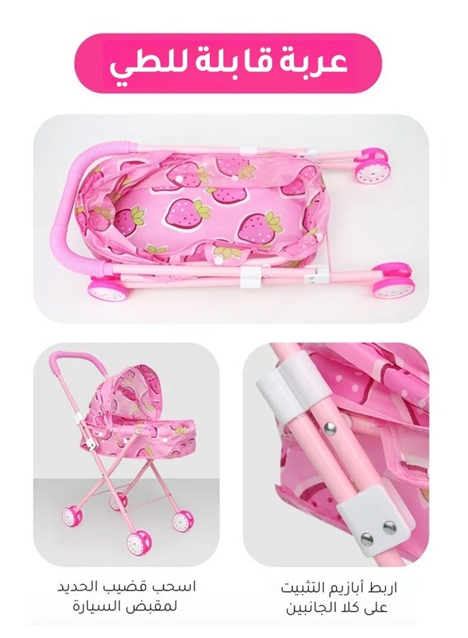 A portable, foldable stroller with an infant doll - suitable for toddlers, available in various colors, and recommended for children over 3 years old. - Image 4