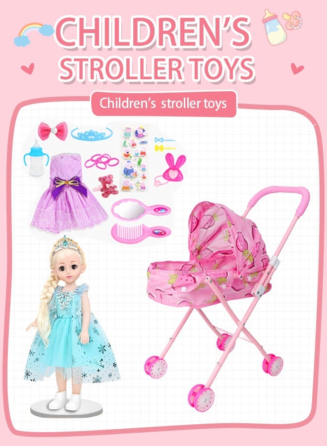 A portable, foldable stroller with an infant doll - suitable for toddlers, available in various colors, and recommended for children over 3 years old. - Image 1