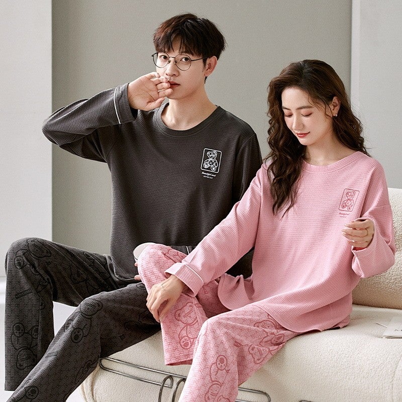 2023 Couple Pajamas Pullover Long-Sleeved Breathable Cotton Men'S And Women'S Wafflour Home Clothes - Image 4