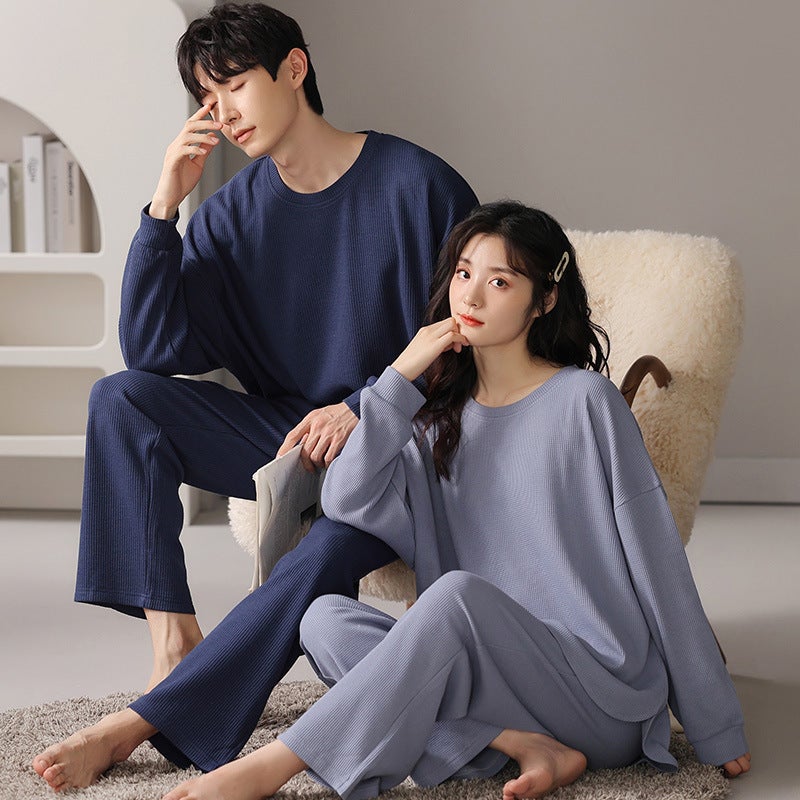 2023 Couple Pajamas Pullover Long-Sleeved Breathable Cotton Men'S And Women'S Wafflour Home Clothes - Image 3