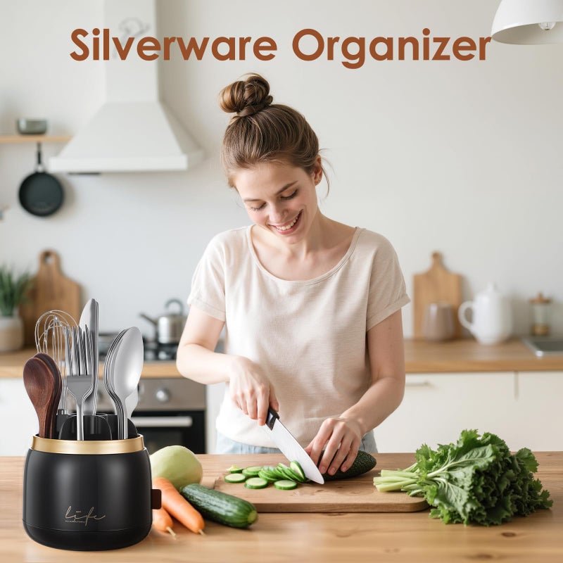 EXIN DECHEN 360Â° Rotation Silverware Organizer for Kitchen Counter,Utensil Holder Caddy Silverware Caddy Holder for Party,Spoon and Fork Organizer,7 Slots and Intermediate Drainage Device with Cover - Image 2
