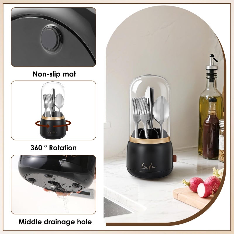 EXIN DECHEN 360Â° Rotation Silverware Organizer for Kitchen Counter,Utensil Holder Caddy Silverware Caddy Holder for Party,Spoon and Fork Organizer,7 Slots and Intermediate Drainage Device with Cover - Image 5