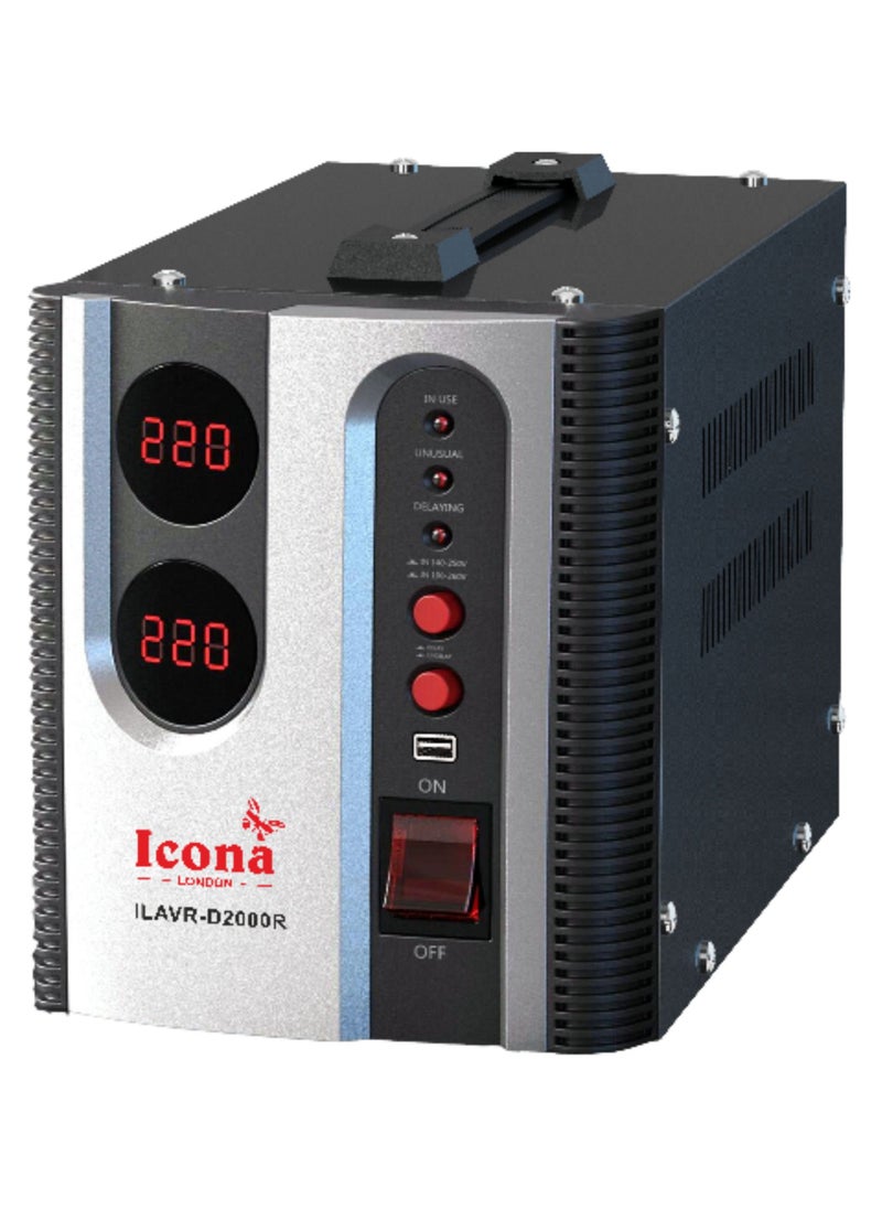 Icona 2000W Voltage Regulator with Transformer – Step Up/Down 110/120V to 220/240V, or 220/240V to 110/120V, Automatic Voltage Stabilizer, ICOPOWER Technology