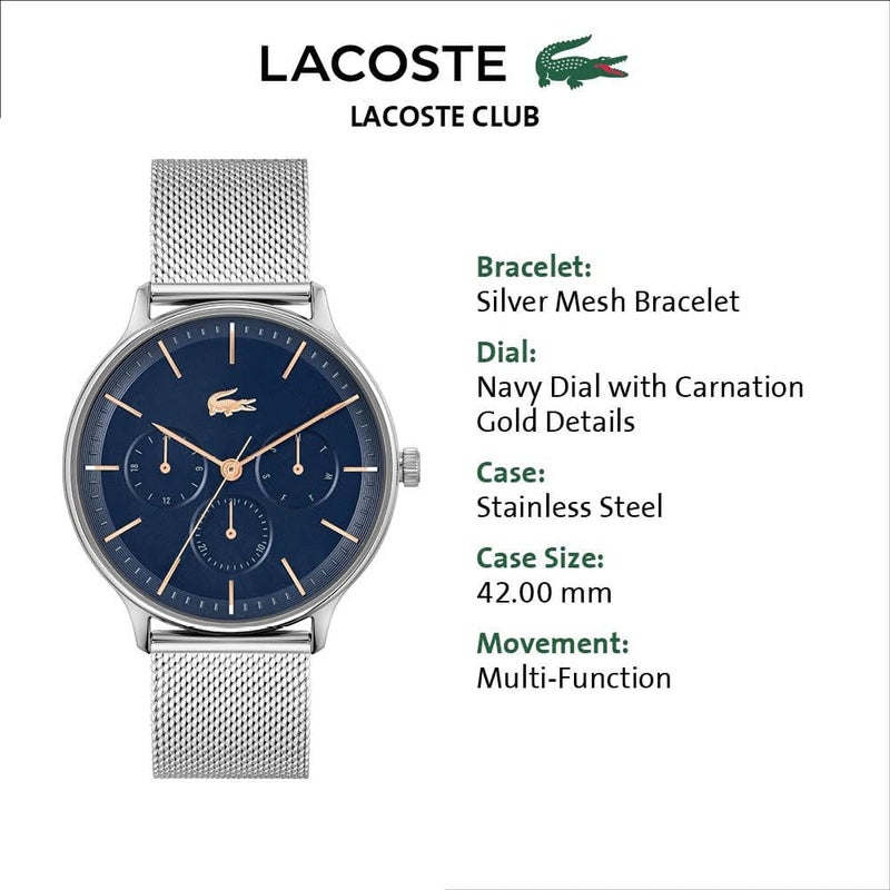 LACOSTE ساعة لاكوست كلاس كلوب للرجال بقرص أزرق وسوار شبكي فضي - Image 2