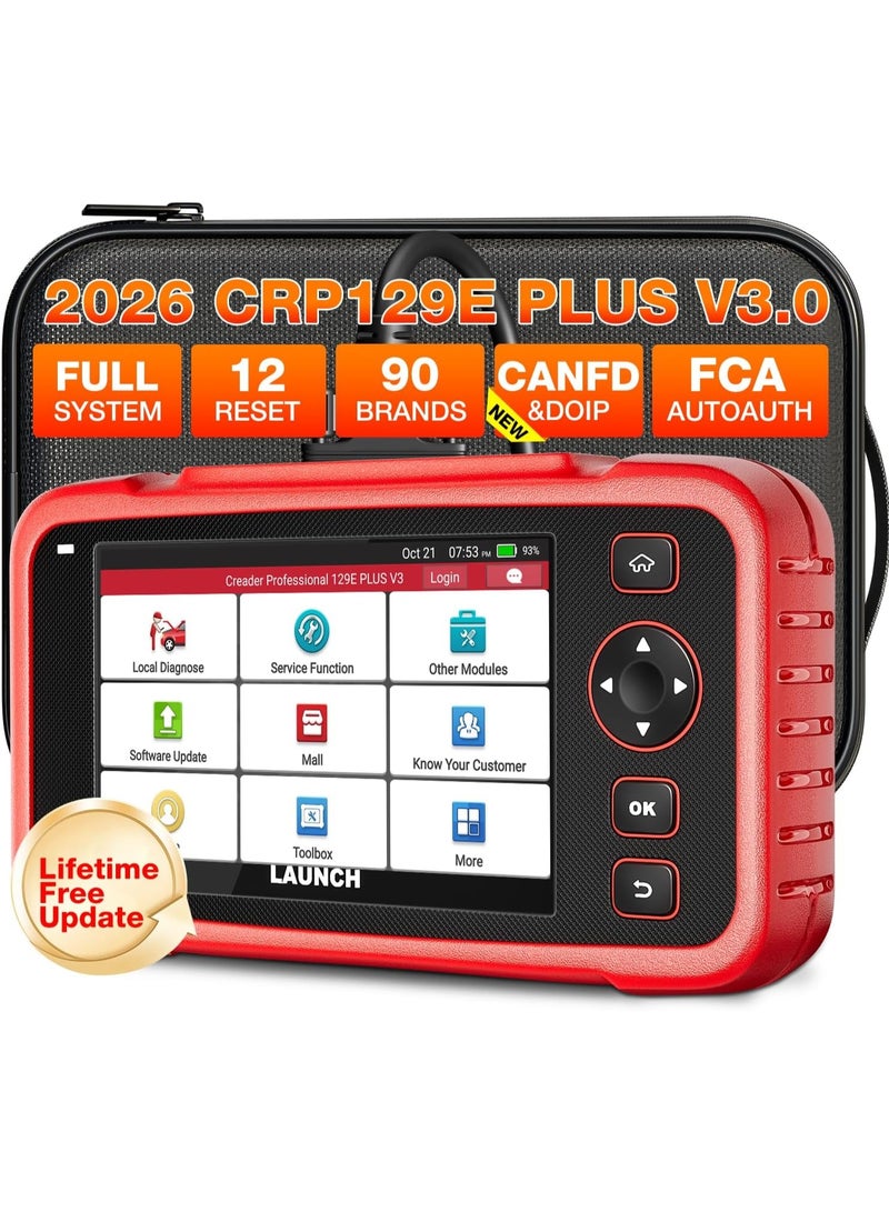 لانش جهاز فحص OBD2 من LAUNCH طراز CRP129E Plus V3.0، 12 عملية إعادة ضبط، جهاز فحص شامل لنظام السيارة | FCA AutoAuth، CANFD و DOIP، إعادة ضبط TPMS/الزيت/SAS/EPB/BMS/DPF، اختبار البطارية، ضمان مدى الحياة - Image 1