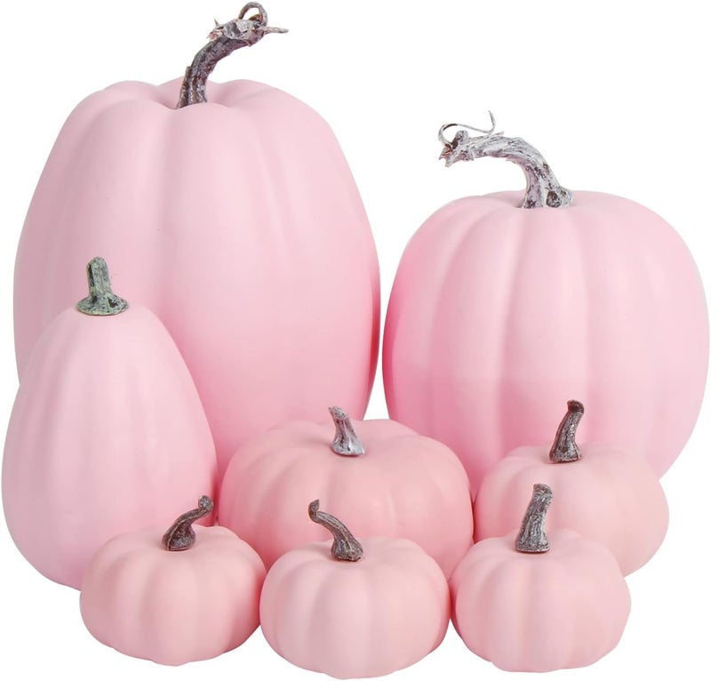 FOIMAS Pink Artificial Pumpkin,8pcs Lifelike Faux Pumpkins Decor for Halloween Thanksgiving Fall Party Harvest Table Decoration Supply - Image 1