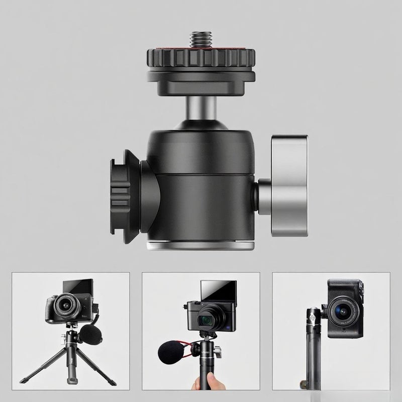U-60 Full Metal Mini Ballhead with Dual Cold Shoes Extension Microphone Mounting 360 Degrees Panoramic Ball Head Max Loading 10KG Vlog Video Shooting Accessories Compatible with DSLR Cameras - Image 5