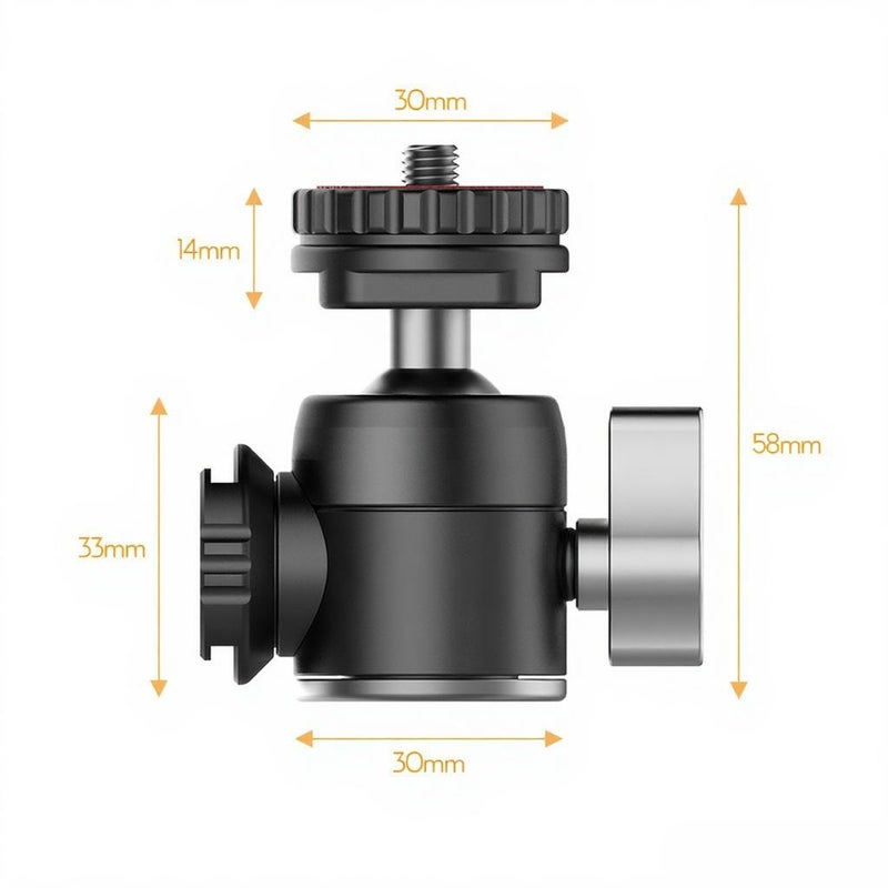 U-60 Full Metal Mini Ballhead with Dual Cold Shoes Extension Microphone Mounting 360 Degrees Panoramic Ball Head Max Loading 10KG Vlog Video Shooting Accessories Compatible with DSLR Cameras - Image 3