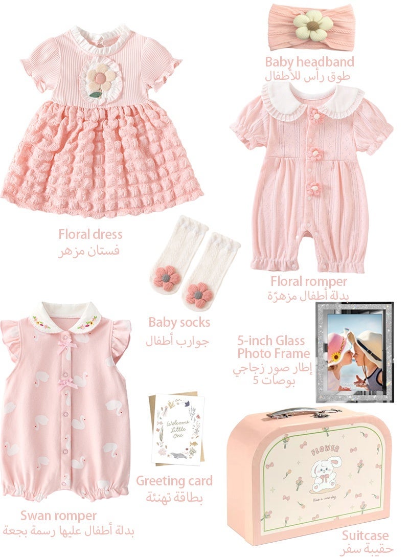 GHavii 7 PCS Newborn Baby Gift Set, Newborn Layette Gifts Set for Baby Girls, Grade A Cotton Baby Clothes Accessories Suitcase Set for Summer - Image 2