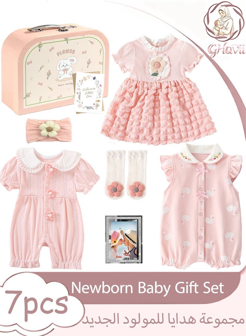 GHavii 7 PCS Newborn Baby Gift Set, Newborn Layette Gifts Set for Baby Girls, Grade A Cotton Baby Clothes Accessories Suitcase Set for Summer - Image 1