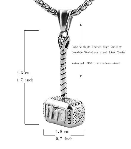 HZMAN Thor Hammer Stainless Steel Necklace For Men and Women Hammer Pendant Necklace 22+2 Inch Chain, Silver - Image 3