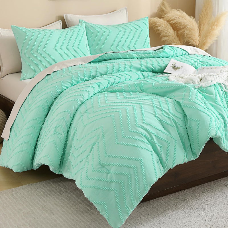 Andency Mint Green Comforter Set King Size Boho Soft Warm Tufted Bedding Comforter Sets for King Size Bed 3 Pieces Aesthetic Chevron Farmhouse Cute Bohemian Textured Bedding Set