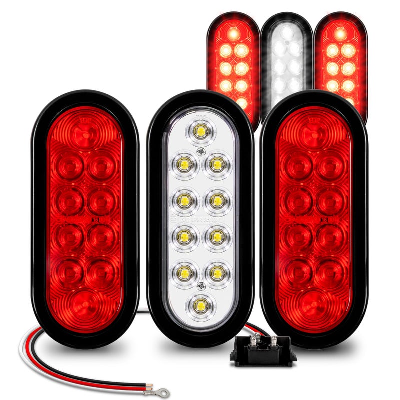 ONLINE LED STORE TRUE MODS 4 Red + 2 White 6" Oval LED Trailer Tail Light Kit [DOT FMVSS 108] [Grommets & Plugs] [IP67 Waterproof] [Stop Brake Turn Reverse] Back Up Light for Marine Boat Trailer Flat Bed Truck - Image 1