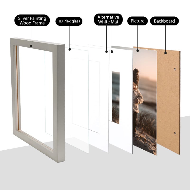 KINLINK 8x10 Picture Frames Light Grey-Wood Frames with Acrylic Plexiglass for Pictures 4x6/5x7 with Mat or 8x10 without Mat Tabletop and Wall Mounting Display  Set of 4 - Image 3