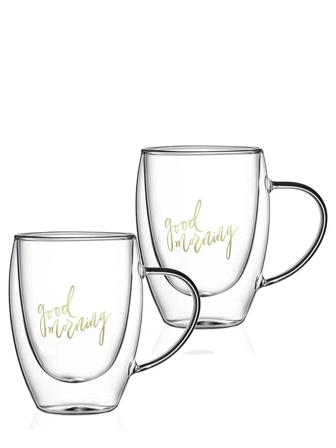 1 تشيس 1CHASE Set of 2 - Double Wall Good Morning Printed Glass Mug With Handle, Clear 350ml