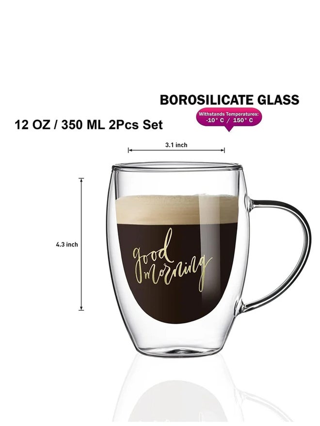1CHASE Set of 2 - Double Wall Good Morning Printed Glass Mug With Handle, Clear 350ml - Image 3