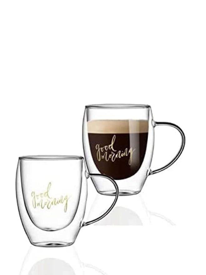 1CHASE Set of 2 - Double Wall Good Morning Printed Glass Mug With Handle, Clear 350ml - Image 1