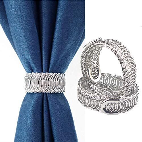 Ailejia Metal Curtain Tiebacks Holdback Drapery Curtain Tiebacks 1 Pair Elastic Strap Drape Buckle Home and Office Window Treatment (Silver) - Image 1