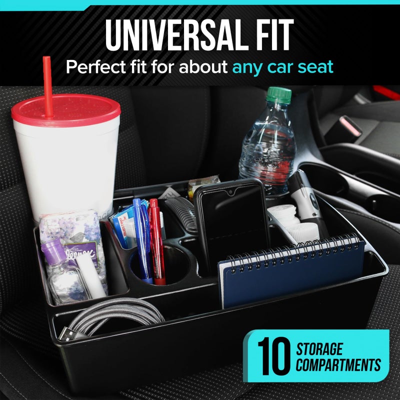 Moblorg Vehicle Seat Organizer Car Storage Caddy with Carrying Handle, 2 Large Cup Holders, 10 Compartments, Hidden Extra Storage, Fits Most Vehicles, Made in USA from Recycled Plastic - Image 3