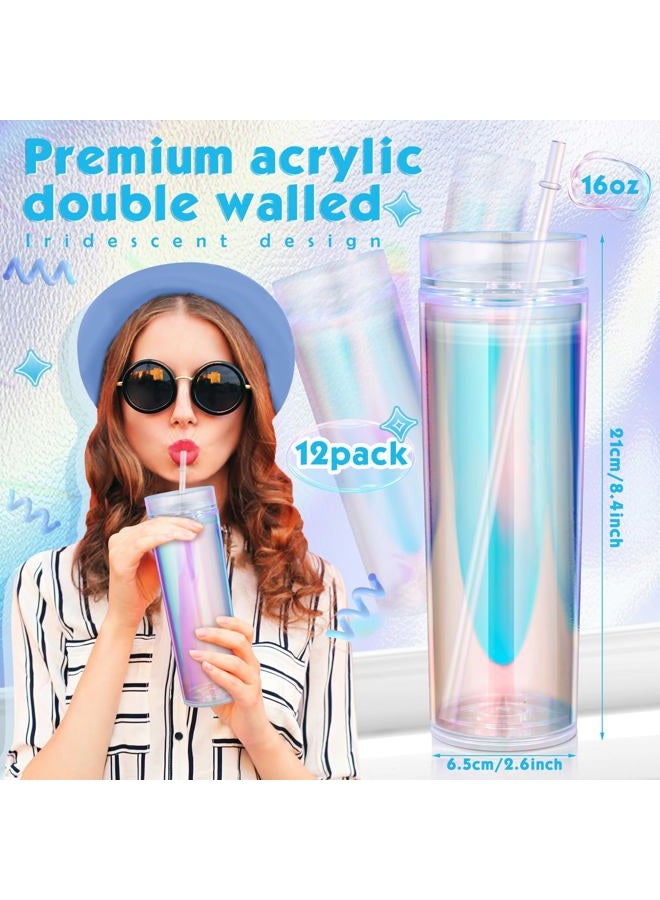 Tujoe 12 Pack Iridescent Skinny Plastic Tumbler with Straw Iridescent 16 oz Insulated Coffee Mug with Lids and Straws for Bachelorette Party Gifts Iridescent Disco Birthday Wedding - Image 5