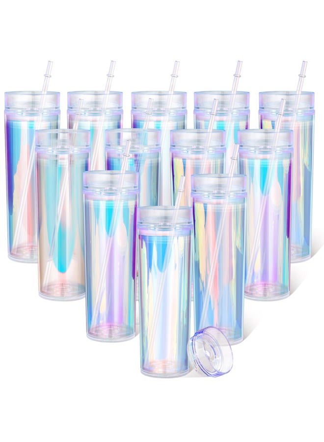 Tujoe 12 Pack Iridescent Skinny Plastic Tumbler with Straw Iridescent 16 oz Insulated Coffee Mug with Lids and Straws for Bachelorette Party Gifts Iridescent Disco Birthday Wedding - Image 1