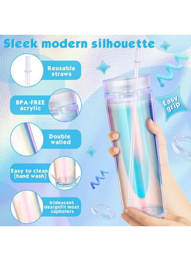 Tujoe 12 Pack Iridescent Skinny Plastic Tumbler with Straw Iridescent 16 oz Insulated Coffee Mug with Lids and Straws for Bachelorette Party Gifts Iridescent Disco Birthday Wedding - Image 2