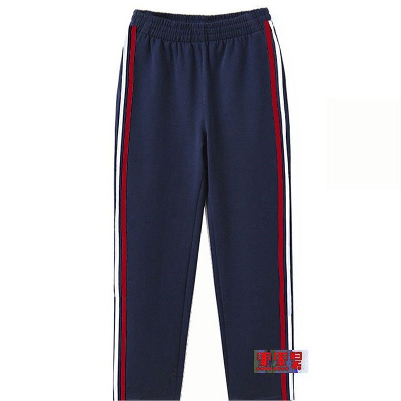 Ice Silk Summer Thin Dark Blue Leggings School Uniform Pants For Children, Middle School Students, Primary School Students, White And Red Two Stripes - Image 1