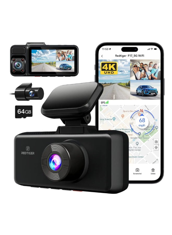 ريد تايجر كاميرا داش ثلاثية القنوات بدقة 4K مع واي فاي 5G للسيارات أسود 3 بوصة F17 - Image 1