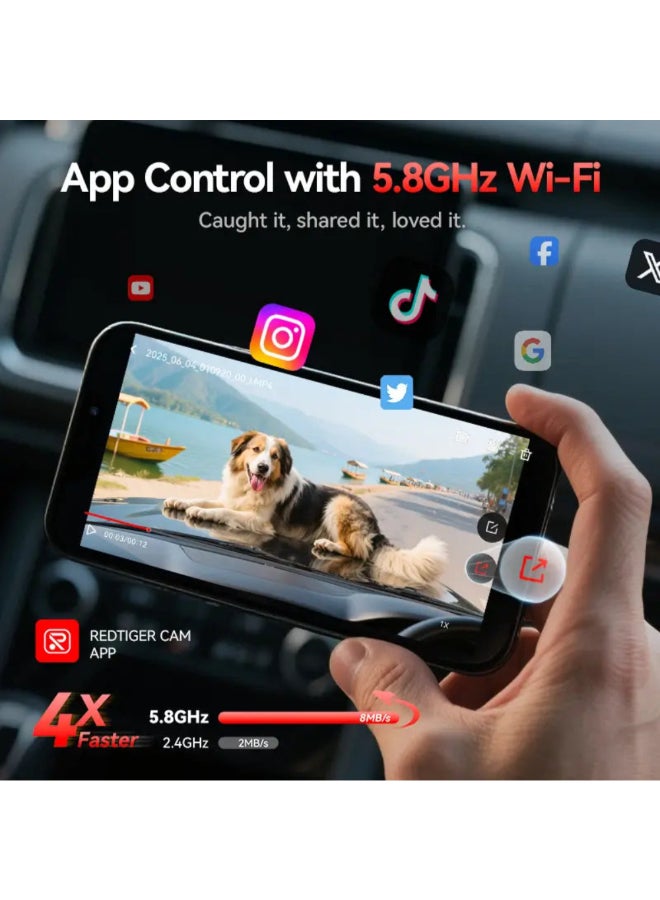 ريد تايجر كاميرا داش ثلاثية القنوات بدقة 4K مع واي فاي 5G للسيارات أسود 3 بوصة F17 - Image 4
