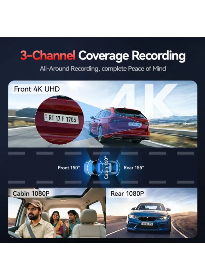 ريد تايجر كاميرا داش ثلاثية القنوات بدقة 4K مع واي فاي 5G للسيارات أسود 3 بوصة F17 - Image 2