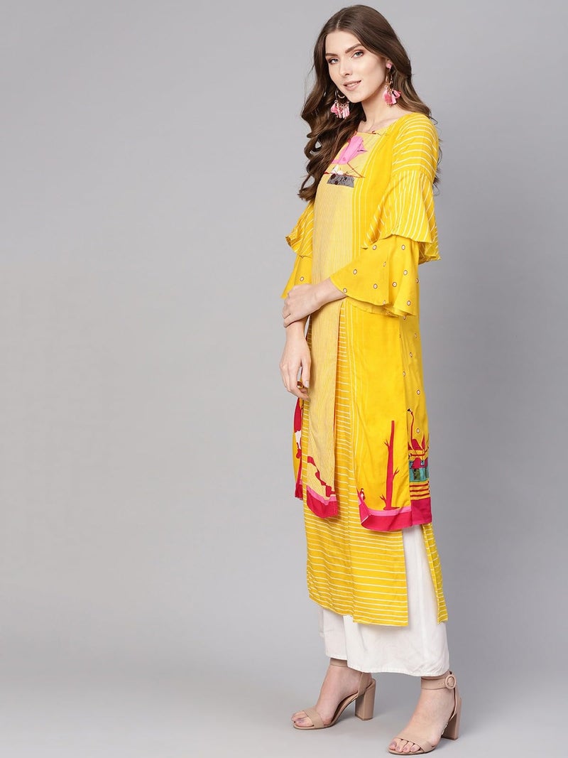 Pannkh Women's Double Layered Flamingo Printed Kurta Festive Cotton Ethnic Long Kurti with Playful Prints Ideal for Day Events or Gatherings - Image 4