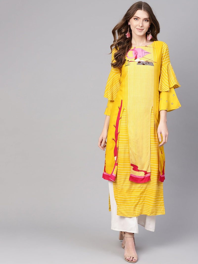 Pannkh Women's Double Layered Flamingo Printed Kurta Festive Cotton Ethnic Long Kurti with Playful Prints Ideal for Day Events or Gatherings - Image 5
