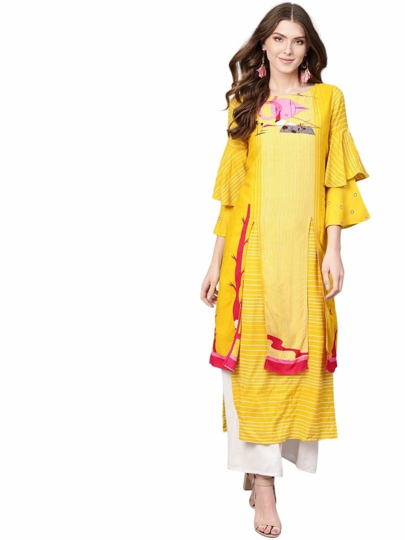 Pannkh Women's Double Layered Flamingo Printed Kurta Festive Cotton Ethnic Long Kurti with Playful Prints Ideal for Day Events or Gatherings - Image 1