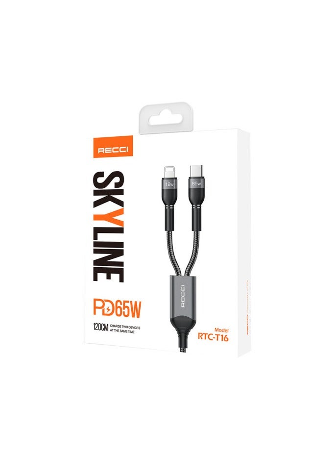 Recci "RECCI RTC-T16 PD65W 2-in-1 Type-C to Type-C + Lightning Cable 1.2M - Fast Charging, Durable Grey Cable for Multiple Devices" - Image 2