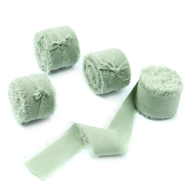 4 Rolls 1W x 5Yd Sage Green Handmade Fringe Chiffon Silk Ribbon Frayed Edges Ribbon for Wedding Invitations Bridal Bouquets Gifts Wrapping DIY CraftsBow Making1x20Yd Sage Green