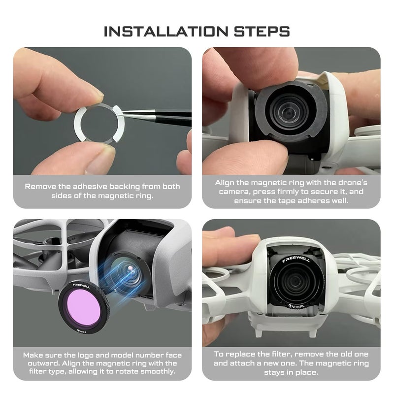 FreeWell فلاتر مغناطيسية لجهاز DJI Neo Bright Day 3-Pack ND8/PL، ND16/PL، ND32/PL هجين لجهاز Neo – تقليل الوهج والتحكم في الضوء - Image 2