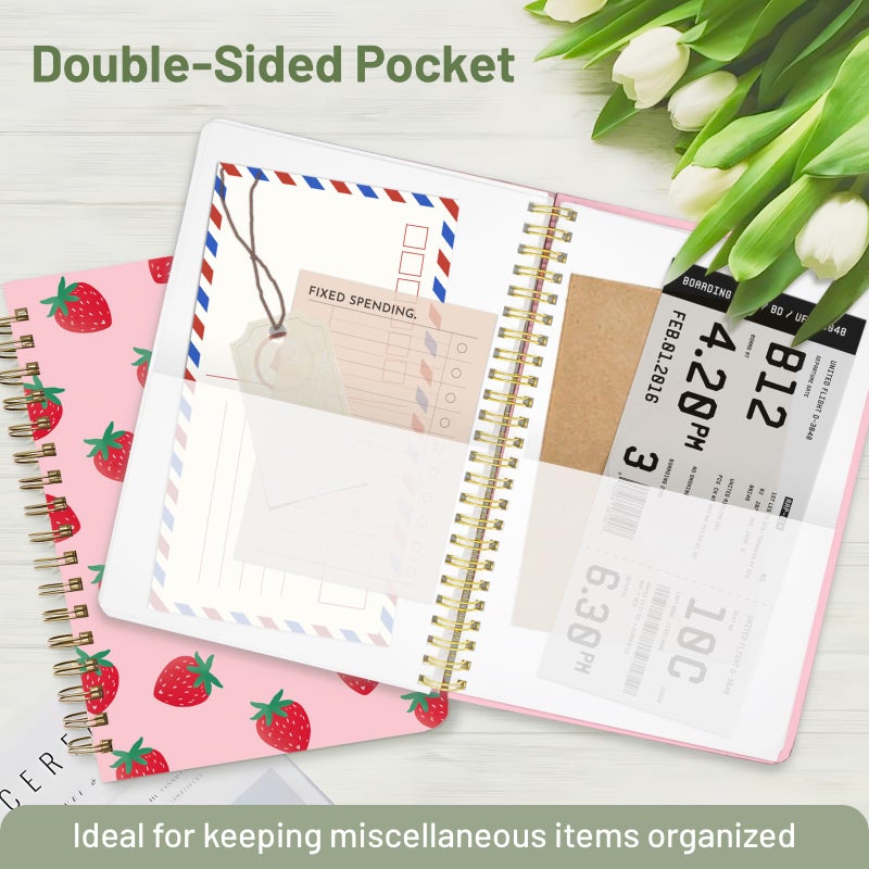 Stanoha Cute Spiral Notebook A5 Journal for Women Girls Kawaii Aesthetic Pretty Floral Design with Pocket, 8.5 x 5.7 inch, Line, Strawberry - Image 4