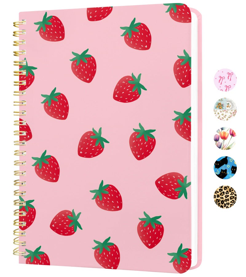 Stanoha Cute Spiral Notebook A5 Journal for Women Girls Kawaii Aesthetic Pretty Floral Design with Pocket, 8.5 x 5.7 inch, Line, Strawberry - Image 1
