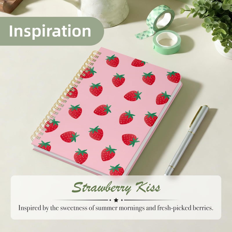 Stanoha Cute Spiral Notebook A5 Journal for Women Girls Kawaii Aesthetic Pretty Floral Design with Pocket, 8.5 x 5.7 inch, Line, Strawberry - Image 2