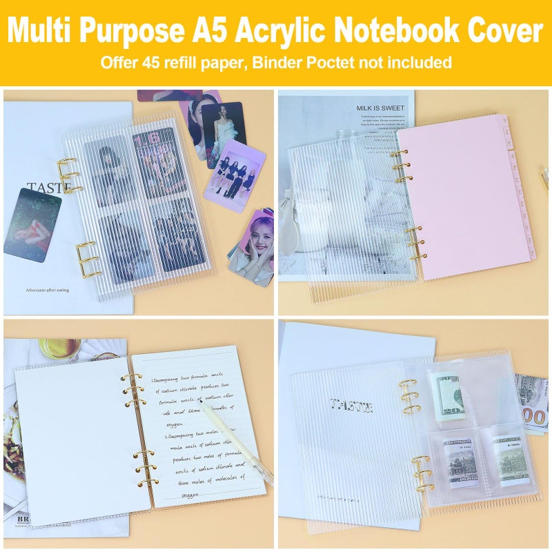 MultiBey A5 Binder 6-Ring Clear Stripe Acrylic Notebook Cover, Gold Metal Round Ring with 45 Sheets Lined Inner Papers, a5 Planner Budget Binders (Stripe - Image 3