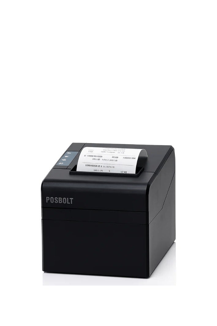 بوسبورت طابعة فواتير حرارية POSBOLT 80 مم، عالية السرعة 260 مم/ثانية، USB وLAN، قاطع تلقائي، متوافقة مع أنظمة Windows وAndroid وPOS، لون أسود - Image 1