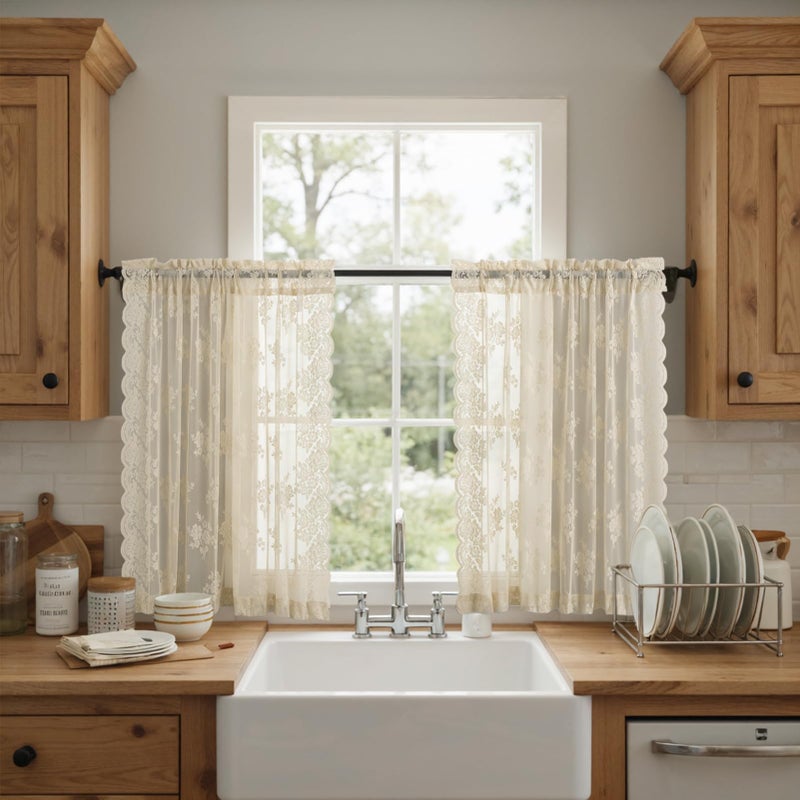 Kotile Beige Lace Curtains 54 Inch Length 2 Panels Set, Country Rustic Floral Patterned Vintage Short Lace Curtains for Bedroom, Rod Pocket Light Filtering Privacy Sheer Curtain, 42 x 54 Inch - Image 4