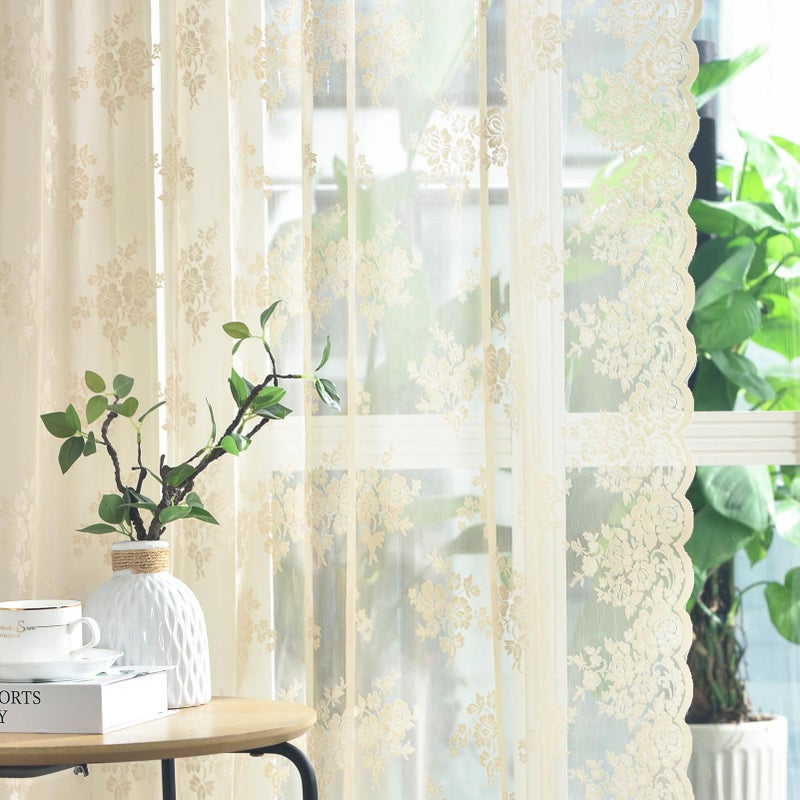 Kotile Beige Lace Curtains 54 Inch Length 2 Panels Set, Country Rustic Floral Patterned Vintage Short Lace Curtains for Bedroom, Rod Pocket Light Filtering Privacy Sheer Curtain, 42 x 54 Inch - Image 5