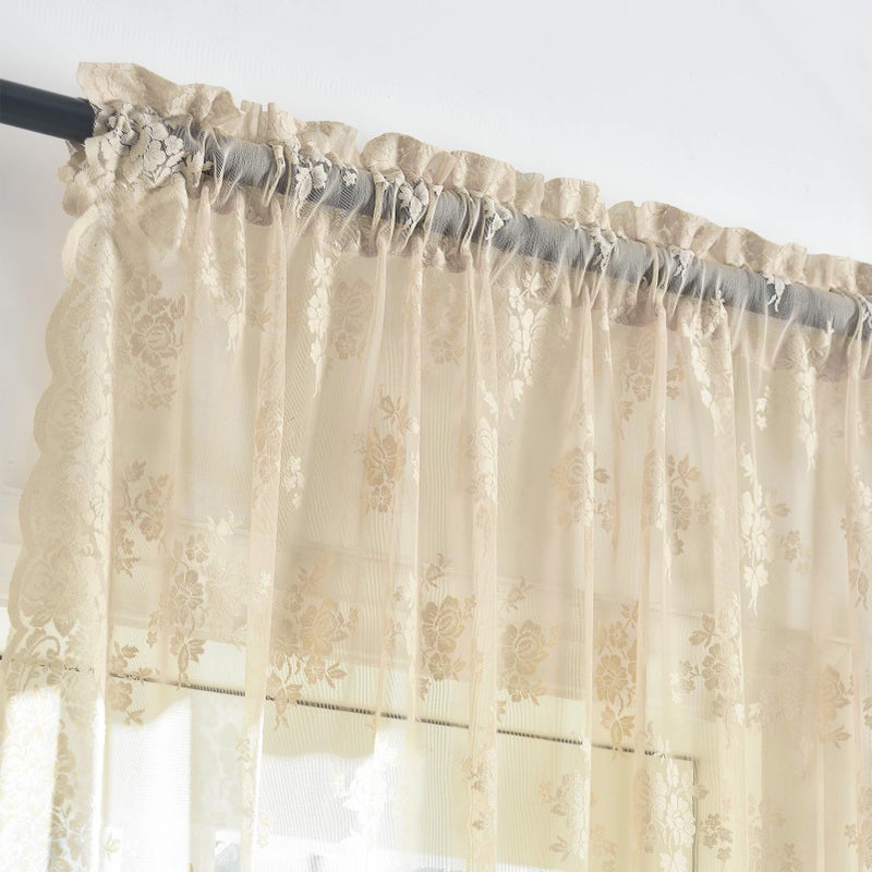 Kotile Beige Lace Curtains 54 Inch Length 2 Panels Set, Country Rustic Floral Patterned Vintage Short Lace Curtains for Bedroom, Rod Pocket Light Filtering Privacy Sheer Curtain, 42 x 54 Inch - Image 3