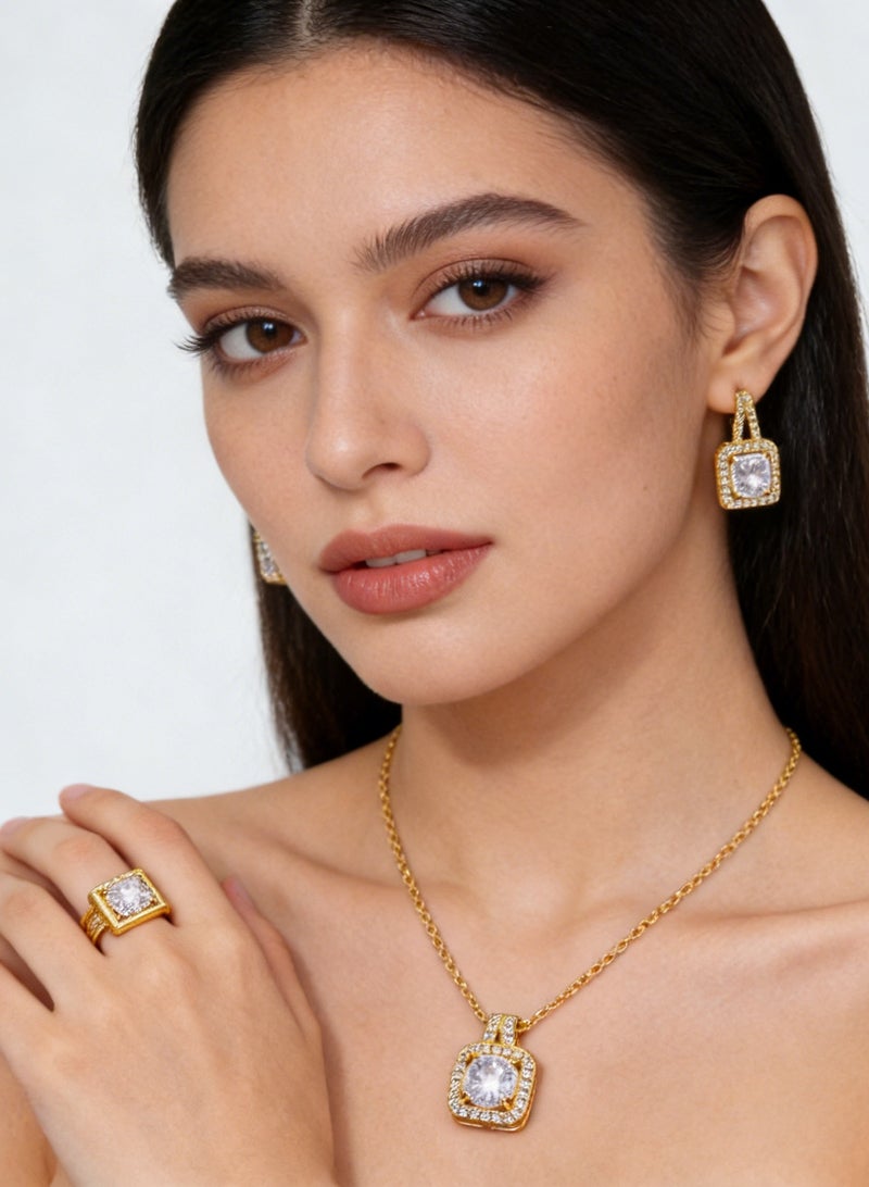 إينوشا "مجموعة مجوهرات نسائية عصرية من زركونيا مكعبة ذهبية – خاتم وقلادة وأقراط لامعة، تصميم فريد ومميز للسيدات" - Image 1