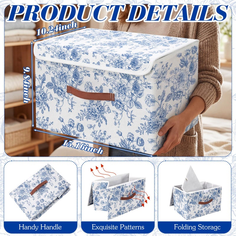 Teecyhooo 2 Pack Blue Floral Storage Bin with Lids Large Blue Floral Storage Bin with Handles 15x10x8 Inch Foldable Fabric Basket Decorative Organizer Boxes Containers for Clothes Bedroom - Image 5